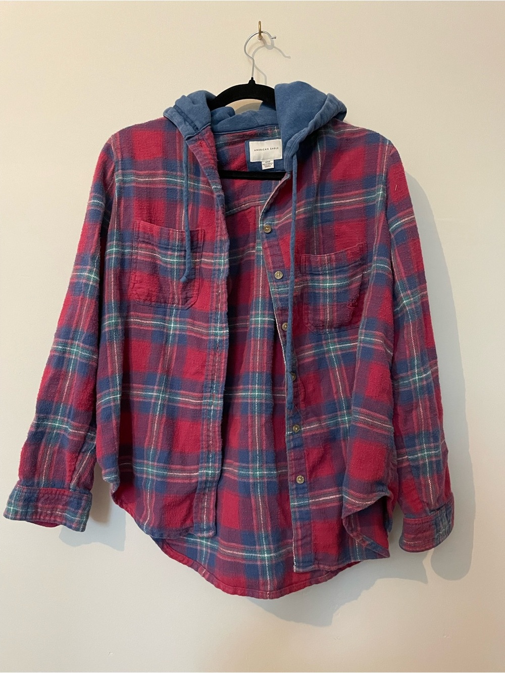 American Eagle Outfitters Red Plaid Hooded Button-Down Shirt